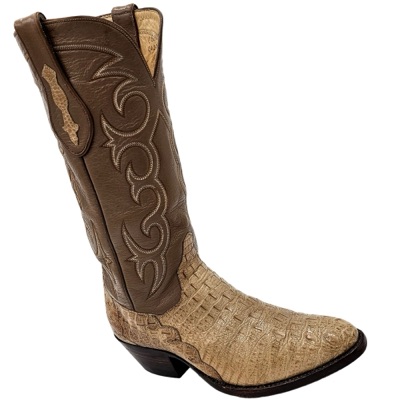 Brown Western boot showing an elaborately stitched shaft and textured vamp