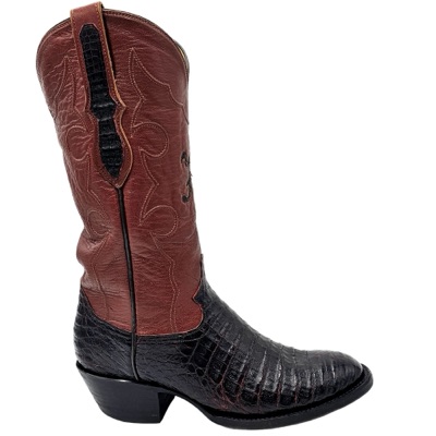 Two-tone Western boot with a red shaft and dark exotic vamp