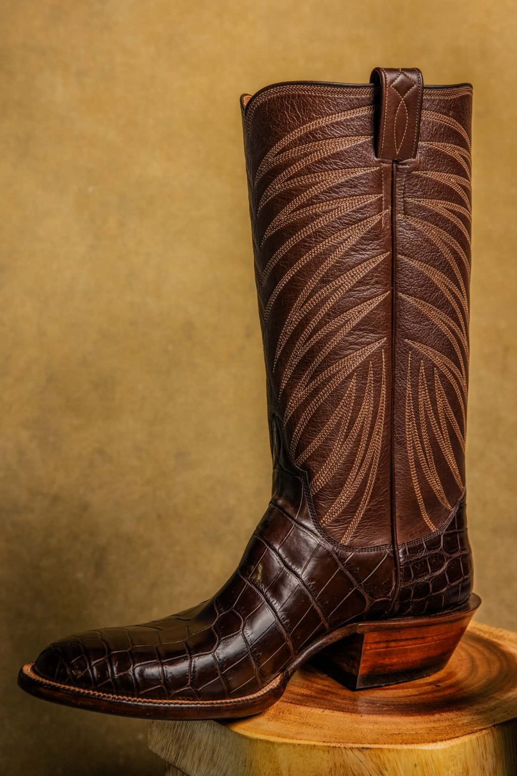 Brown alligator vamp under tan tops with tonal ribcage stitching, side view